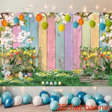 2D平面鲜艳的粉彩复活节背景，悬挂彩蛋和花园 - 1件 - 查看 4