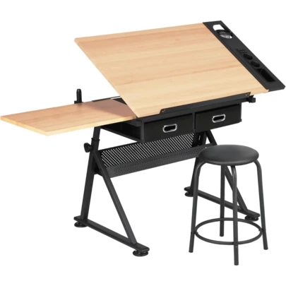 Art Drawing Desk Wood Drafting Table For Adults Artist Craft Tabletop Height Adjustment Writing Study Office Workstation With Pencil Ledge