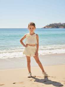 peccary Conjunto Infantil Menina Verão com Laço – Blusa Cropped + Short Cintura Elástica | Look Casual Fashion - Amarelo - Visão 1