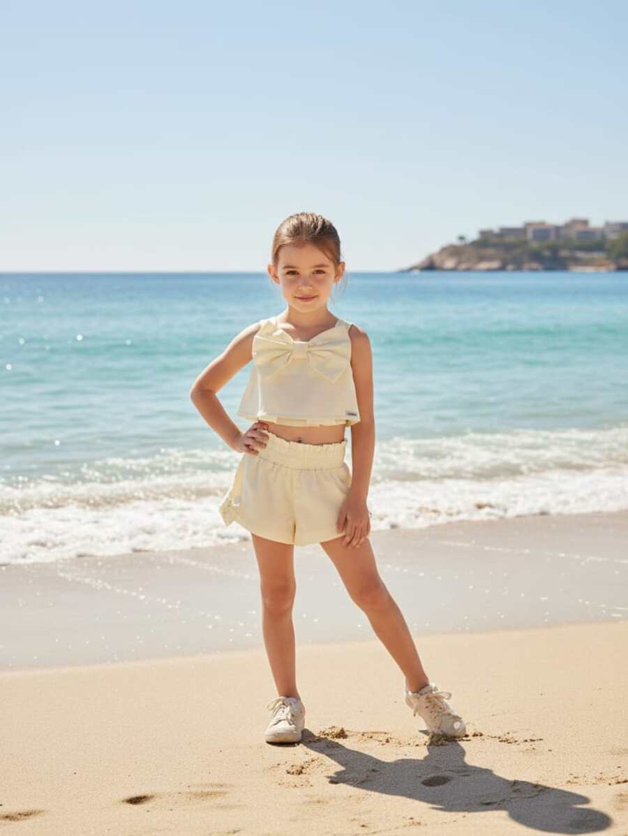 peccary Conjunto Infantil Menina Verão com Laço – Blusa Cropped + Short Cintura Elástica | Look Casual Fashion - Amarelo - Visão 1