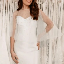 珍珠点缀薄纱披肩，完美适合伴娘及各种场合，串珠婚纱披肩，短款全珍珠披肩，女士薄纱斗篷，新娘披肩 - A - 查看 10