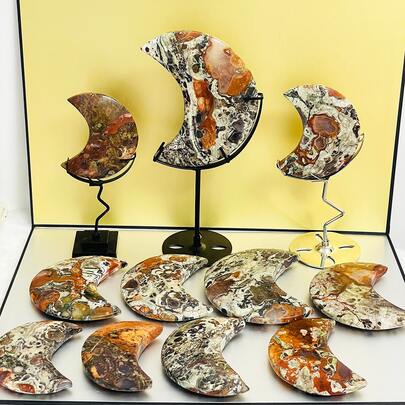 1Set Money Agate Moon With Stand, Large Size Crystal Moon With Holder, Natural Money Agate Stone, Natural Crystal Moon Carving Decoration, For Home Decoration, Gift.