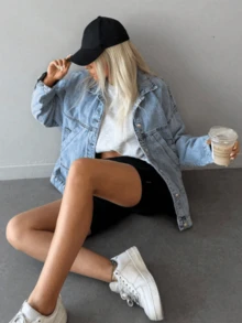 Spring Plus Women's Denim Jacket (Ultra Loose Light Washed Slanted Pocket), Solid Color Slanted Pocket, Casual Loose, New Year Jacket, Spring Fashionable Denim Jacket, Suitable For All Seasons, Button Front, Casual Outdoor Jacket, Valentine's Day Essential Women's Fashionable Denim Jacket Single Item Gift - Màu xanh lam - Xem 8