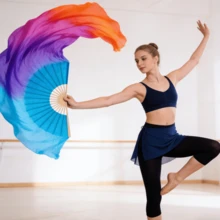 1 Pair(Left+Right) Women Rayon Silk Belly Dance Fan Veil Length 180cm Veil Belly Dancing Faux Fans Folding Fan Lengthened Fans Dancing Long Bamboo Artificial Silk Fan - Blue, Purple, Orange - View 4