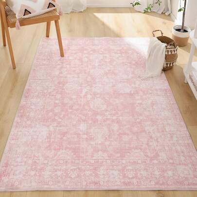 1pc Pink Printed Velvet Carpet, Absorbent Non-Slip Machine Washable Decorative Carpet For Bedroom, Living Room