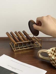 1 Set/6pcs Wooden Coasters With Holder Rack, Heat Insulation Non-Slip Cup Mat, Simple Wooden Coasters, Black & Gold Cup Coaster Holder, Suitable For Modern Home Decor, Coffee Table Top Protection, Rustic Style Outdoor Coasters For Any Cups, Gift - Multicolor - View 5