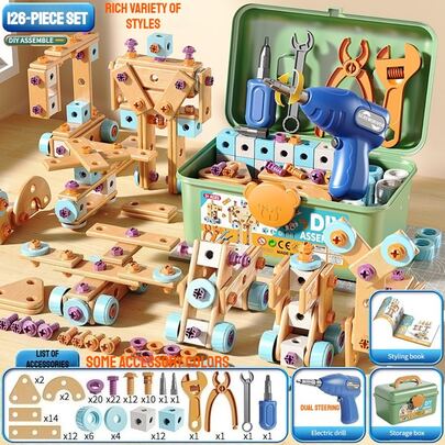 126pcs DIY Children's Construction Tool Set, Includes Electric Screwdriver, Screws, Boards, Wheels And Tools, Suitable For 3-8 Years Old Kids, STEM Educational Toy