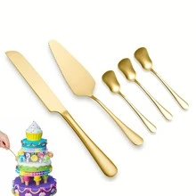 5pcs Stainless Steel Gold & Silver Cake Knife, Spatula, Spoon Utensil Set, Includes Cake Knife, Cake Spatula, Cake Spoon, Dessert Spoon, Ice Cream Spoon, Pizza Cutter, Cake Cutting Set, Cheese & Bread Slicer, Stainless Steel Cake Serving Set, Suitable For Valentine's Day, Wedding, Engagement And Birthday Party - Multicolor - View 11