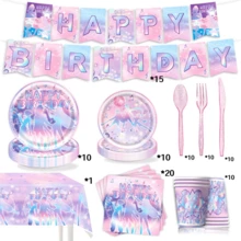 Mattel 96pcs K-Pop Birthday Party Supplies Set - Includes A Complete Set Of Disposable Tableware, With Banner, 108"X54" Tablecloth, 9" And 7" Plates, Cups, Cutlery And Napkins, In A Music-Themed Pink And Purple Color Scheme.