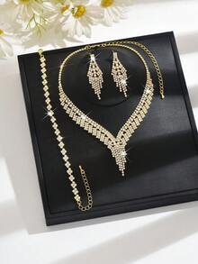 Conjunto de joias para noivas com 3 peças | Colar com pingente de cristal em formato de V, brincos e pulseira | Material: Cobre | Acessórios para festas e ocasiões formais (Ideal para o Dia dos Namorados/Dia das Mães) - Multicolorido - Ver 4