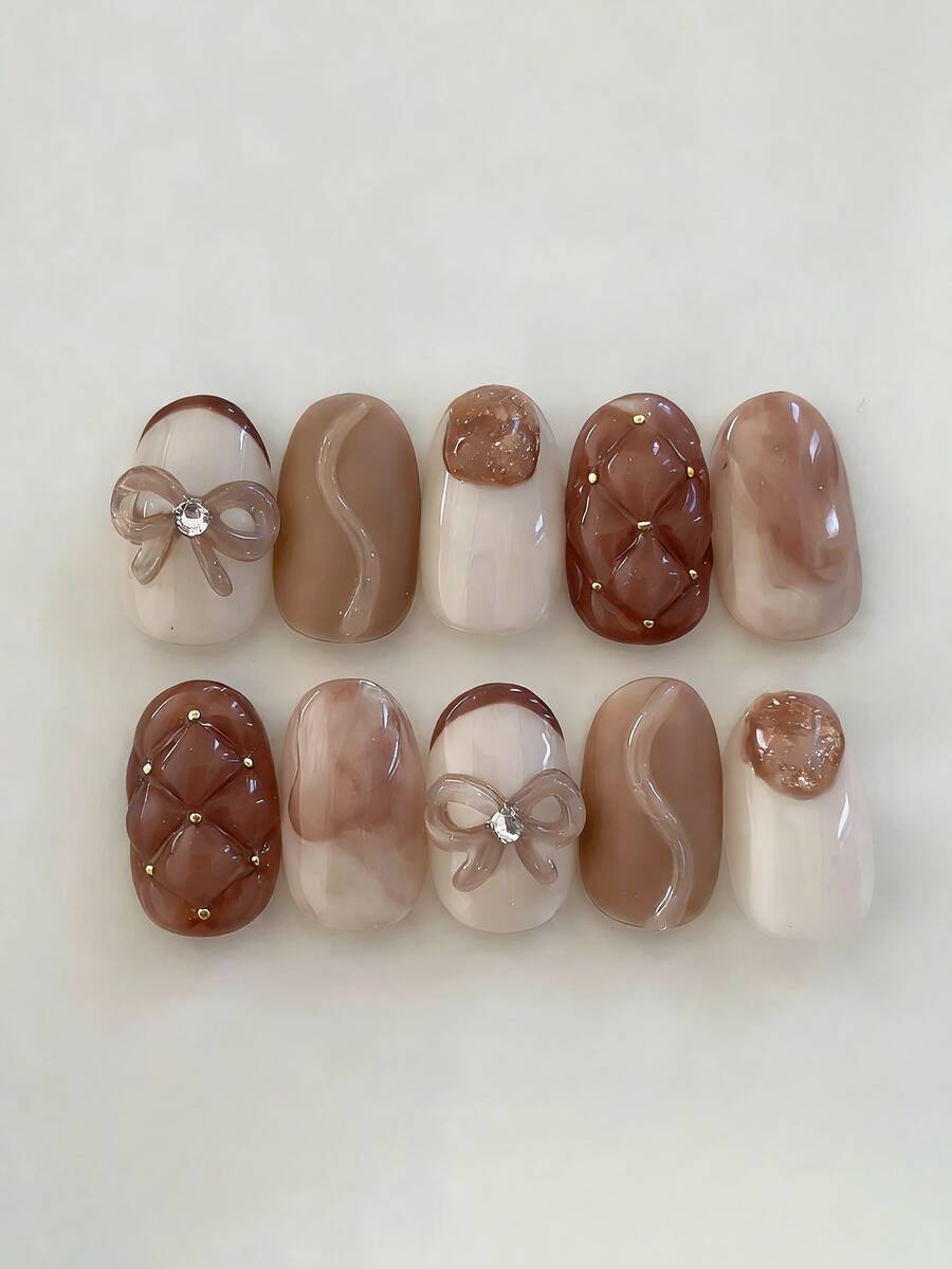 10pcs Pure Handmade Short Oval Multicolor Press On Nails, Gentle Milk Coffee Vintage Elegant Style, Reddish Brown Smudge, Quilted Texture & 3D Translucent Bow Rhinestone Patterns For Women And Girls, Spring Summer Fall Winter Festivals Party - Brown - View 1