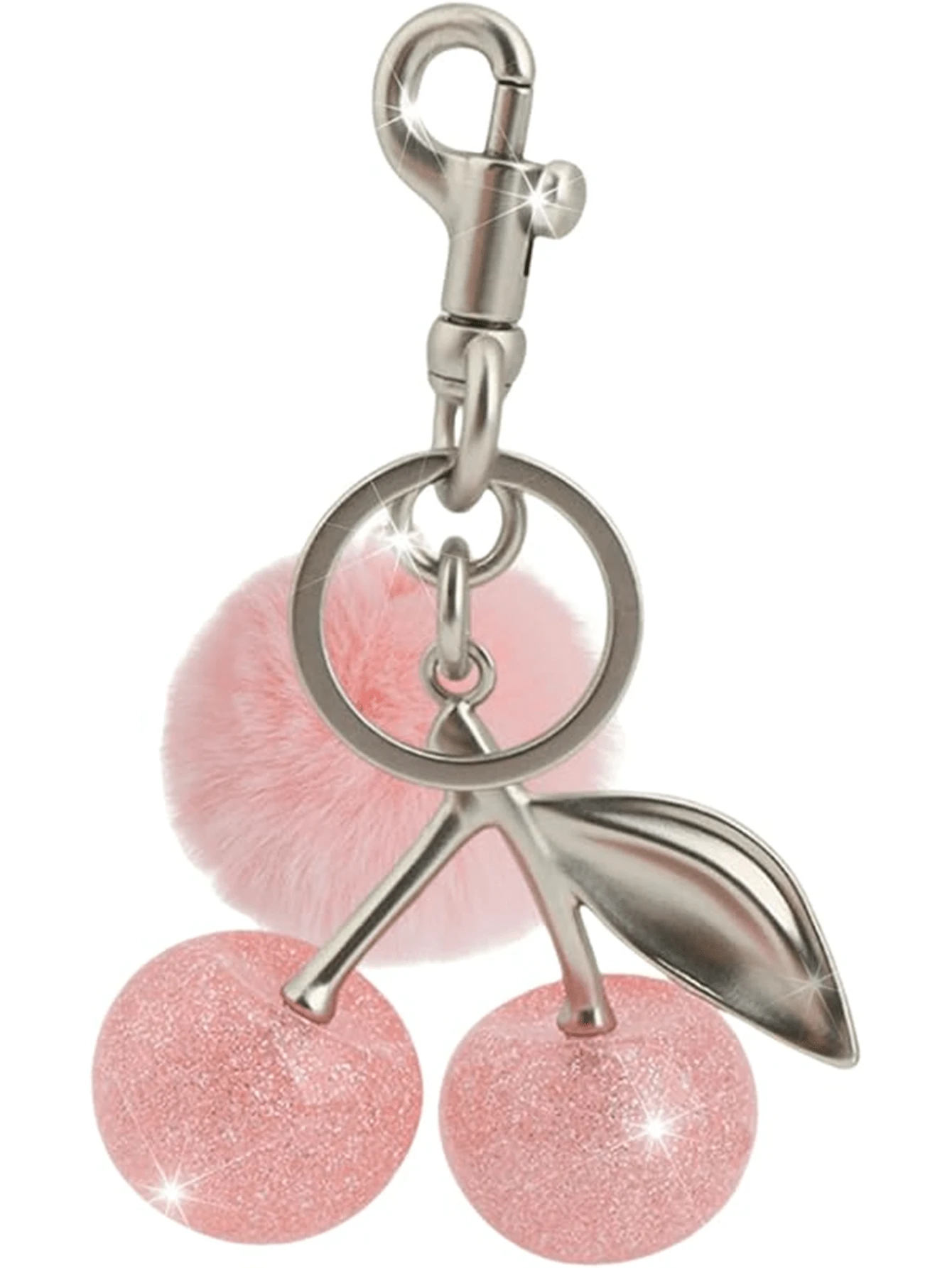 1个樱桃造型钥匙扣包饰 - 汽车樱桃配饰钥匙圈，女士圣诞节/情人节礼物（尺寸：4.3英寸/10.92厘米 x 2.6英寸/6.6厘米，樱桃尺寸：1.18英寸/3厘米） - 銀粉櫻桃毛球 - 查看 1