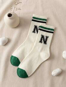 1pair Women's White Fashionable Retro Sport Mid-Calf Socks With Letter Print, Fall - White - View 6
