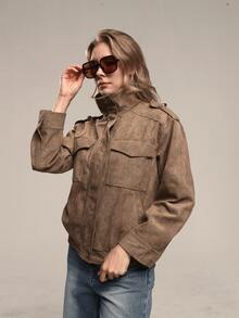 女士秋季新款法式街头风长袖立领机车夹克，宽松休闲麂皮纹理夹克 - 卡其色 - 查看 5