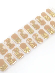 固化凝胶美甲贴，透明底胶，20片装，需使用UV灯固化，沙龙品质，持久耐用，ES20跨境批发代发货红皮书同款美甲贴纸，指尖美甲贴纸 - 金色 - 查看 6