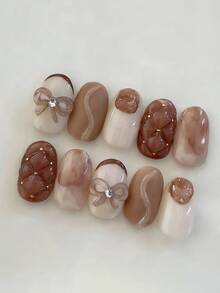 10pcs Pure Handmade Short Oval Multicolor Press On Nails, Gentle Milk Coffee Vintage Elegant Style, Reddish Brown Smudge, Quilted Texture & 3D Translucent Bow Rhinestone Patterns For Women And Girls, Spring Summer Fall Winter Festivals Party - Brown - View 2