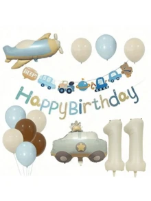 16pcs Matte Vintage Birthday Balloon Set, 32" White Number Balloons, Happy Birthday Garland Flags, Car, Bear, Airplane Foil Balloons For Birthday Party Decoration, Indoor, Outdoor, Gift,Christmas