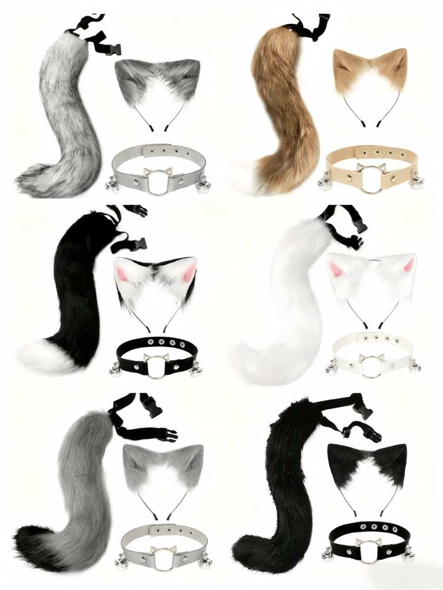 3件套猫咪主题服装套装，包括猫耳朵、毛绒尾巴和手工毛绒头箍。适合万圣节、情人节、复活节和其他节日派对。这款猫咪主题配饰组合套装是送给朋友、家人和同事的绝佳新年和情人节礼物。 - 彩色 - 查看 1