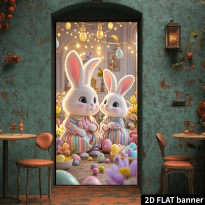 1 chiếc banner phẳng 2D bằng polyester, banner trang trí hiên nhà chủ đề Phục Sinh phong cách hoạt hình cô gái màu hồng, hình thỏ dễ thương mặc bộ đồ ngủ sọc.