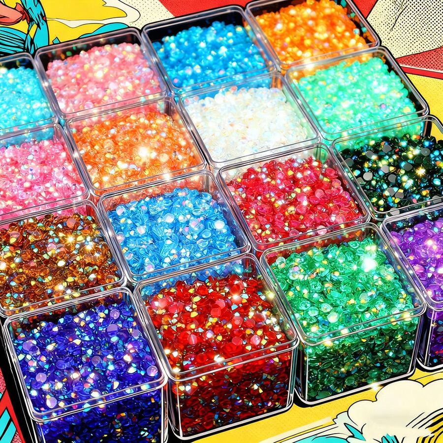 Approximately 16,000 16-Color 5D Resin Rhinestones, 3mm Round Clear Flat-Back Sparkling Gems For Nail Art, Jewelry Making, DIY Craft Kits, And Apparel Embellishment - High Quality And Durable, No Box Included - 彩色 - 查看 1