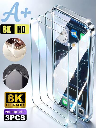 3pcs A+ Grade Ultra-Clear Tempered Glass Screen Protector, Applicable For IPhone 17 Air 16 Pro Max 15 Plus 14 13 12 11 XR XS X, 9H Hardness, No White Edges, Suitable For Phone Cases, Anti-Explosion, Anti-Scratch, Wear-Resistant, Self-Adsorption, Easy Installation