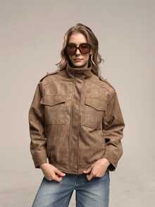 女士秋季新款法式街头风长袖立领机车夹克，宽松休闲麂皮纹理夹克 - 卡其色 - 查看 2