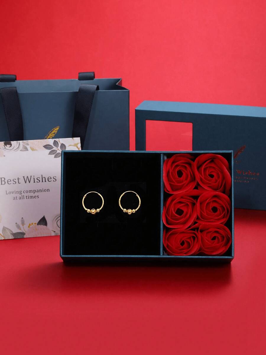 1 Set Luxury Faux Flower Gift Box Earrings, Fashion Jewelry For Women, Suitable For Mother's Day, Valentine's Day, Wedding Season - Golden - View 1
