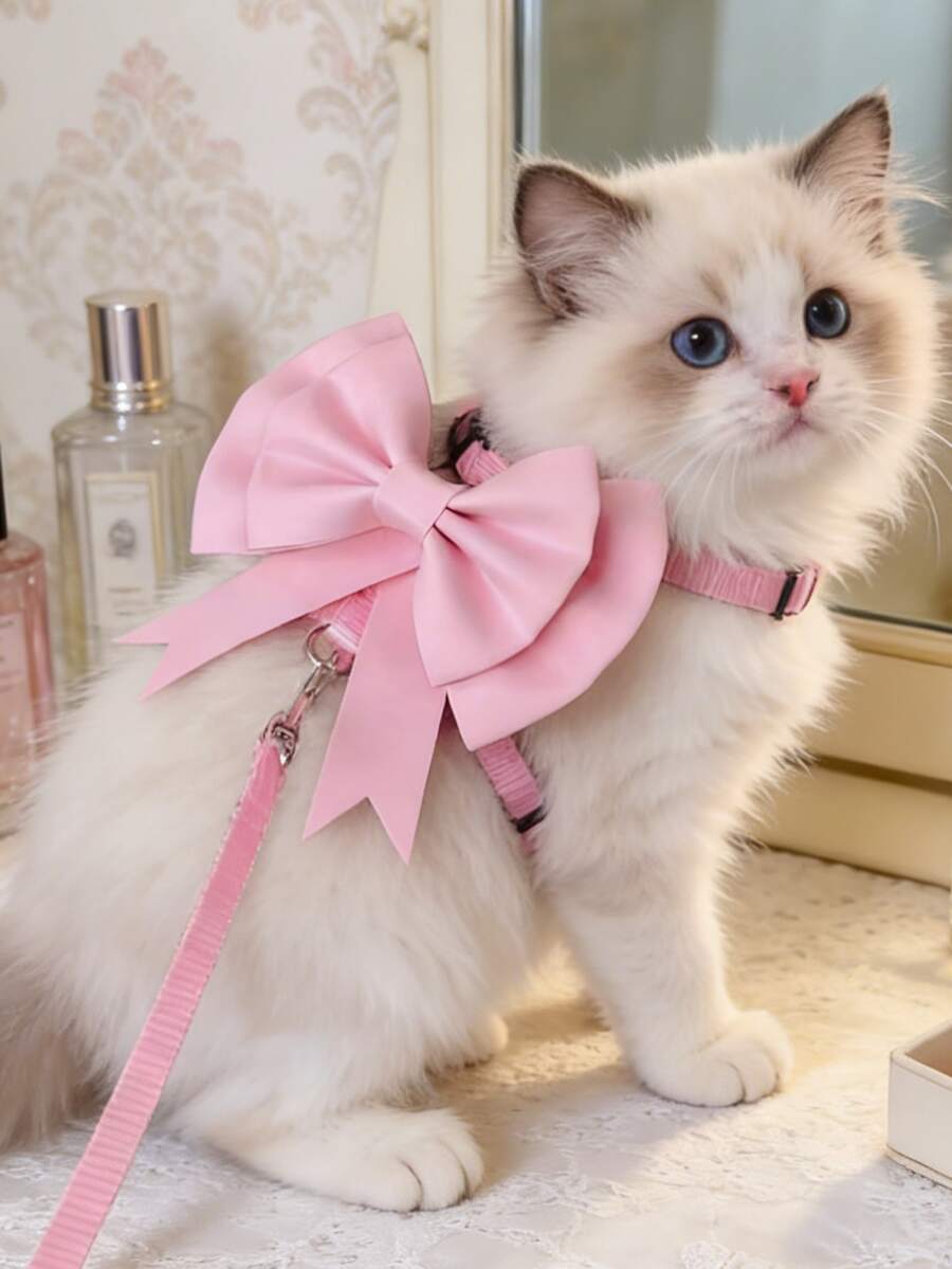 Extra Large Bow Pet Harness Leash, Escape Proof Walking Chest Strap For Small Dogs & Cats - Pink - View 1