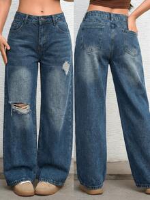 女士纽扣前袋经典宽松牛仔裤 - 霧霾藍 - 查看 1