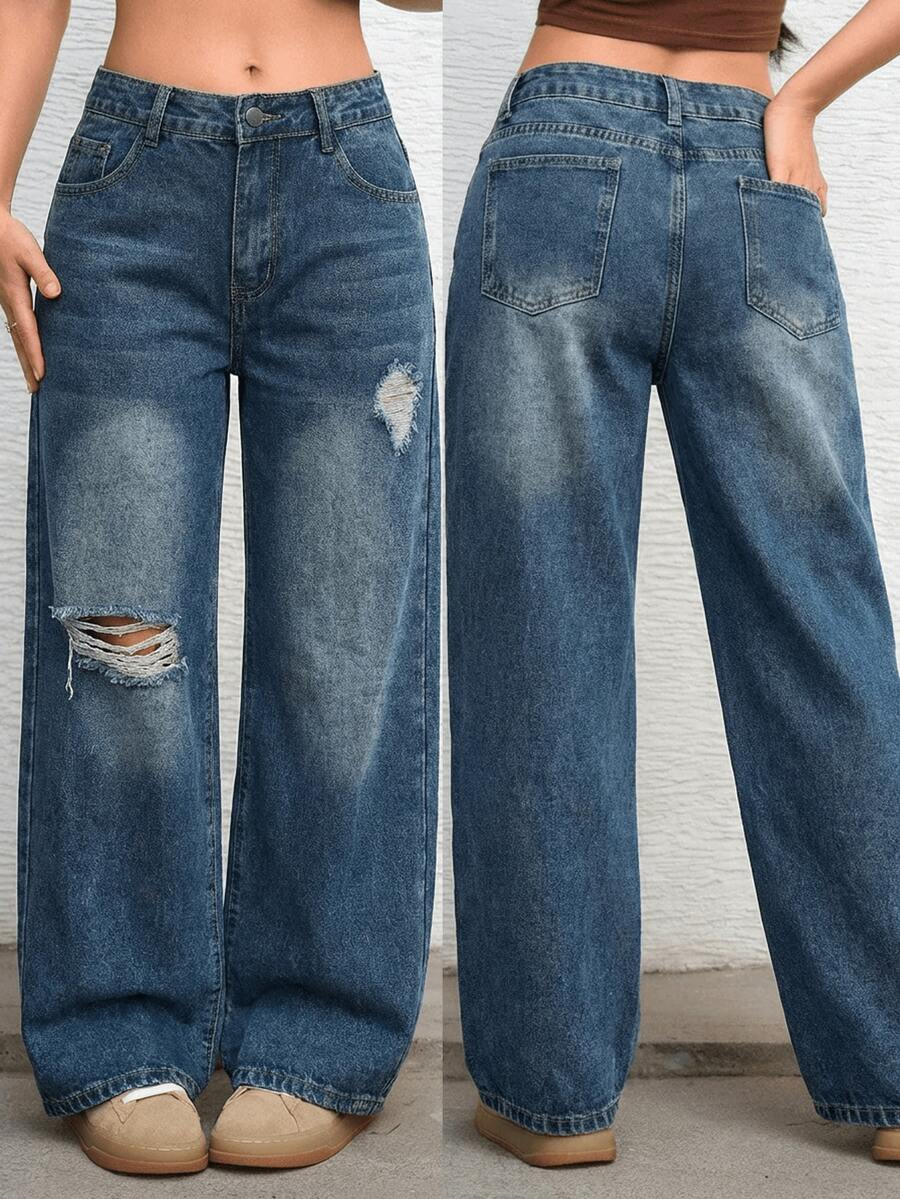 女士纽扣前袋经典宽松牛仔裤 - 霧霾藍 - 查看 1