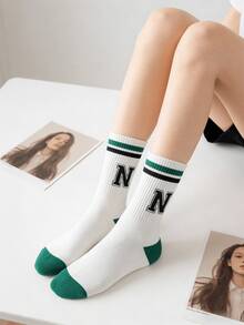 1pair Women's White Fashionable Retro Sport Mid-Calf Socks With Letter Print, Fall - White - View 10