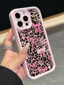 猎豹纹/豹纹印花 1 件装粉色豹纹花卉蝴蝶结简约 TPU 防震手机壳，兼容 17、16、15、14、13、12、11 Pro Max、Air 和 Series - 彩色 - 查看 3