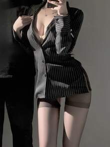 时尚性感条纹收腰侧开衩长袖衬衫