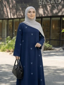 OENY | Đầm Kaftan dài bằng chiffon thanh lịch dành cho nữ, tay dài, được trang trí bằng họa tiết nơ thêu tinh tế, kiểu dáng cổ tròn giản dị, thích hợp cho mùa xuân. - Màu xanh hải quân - Xem 2