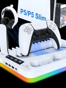 GAMINJA RGB-belysningskylningsställ för skiv-/digitalredigeringskonsol, inkluderar dubbel laddningsbas för handkontroll, kylfläkt, fjärrkontroll-/spelskivlagring, USB-hubb och hörlurskrok - Uppgraderad version - vit - Visa 4
