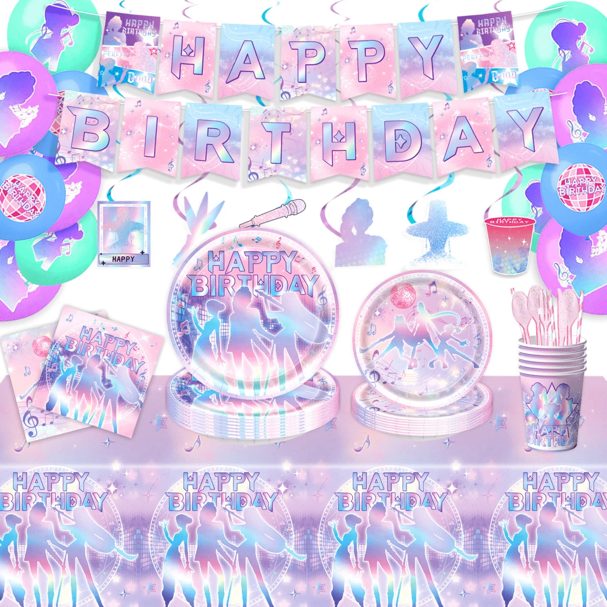Mattel 96pcs K-Pop Birthday Party Supplies Set - Includes A Complete Set Of Disposable Tableware, With Banner, 108"X54" Tablecloth, 9" And 7" Plates, Cups, Cutlery And Napkins, In A Music-Themed Pink And Purple Color Scheme.