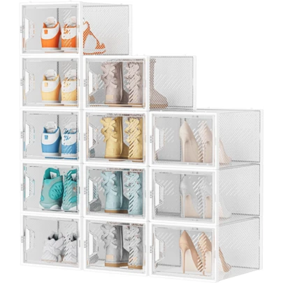 Shoe Storage Box,12 Pcs Shoe Box Clear Plastic Stackable, Shoe Organizer Containers With Lids For Women/Men,Fit Up To UK 12