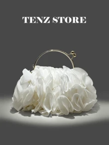 White Petal Handbag, Chiffon Ruffle Floral Decor, Gold Handle And Chain Strap, Fits ProMax Phone, Suitable For Bride, Wedding, Prom, Graduation, Cocktail Party, Formal Dinner, Spring Gala And Holiday Party - White - View 10