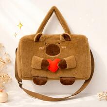 Plush Cartoon Animal Handbag Crossbody Shoulder Bag, Cute 3D Soft Faux Fur Purse With Zipper Closure, Lightweight Daily Travel Bag, Size 38*25*15cm (About 15*10*6 Inches), Styles: White Bunny/Brown Bear/Cream Cat/Pink Dog/Gray Husky - Multicolor - View 11