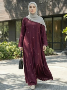 OENY | Đầm Kaftan dài bằng chiffon thanh lịch dành cho nữ, tay dài, được trang trí bằng họa tiết nơ thêu tinh tế, kiểu dáng cổ tròn giản dị, thích hợp cho kỳ nghỉ xuân. - Màu Đỏ Sâu - Xem 2
