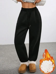 女士户外保暖内衬慢跑裤，适合秋冬季休闲穿着，保暖舒适，抵御寒冷天气 - 黑色 - 查看 2