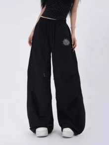 女士涤纶阔腿裤，带抽绳和口袋，无弹力 - 黑色 - 查看 3
