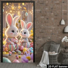 1 pieza Bandera de fiesta plana 2D de poliéster, bandera de porche de Pascua con estilo de chica anime rosa, conejito lindo en pijama a rayas - Multicolor - Ver 4