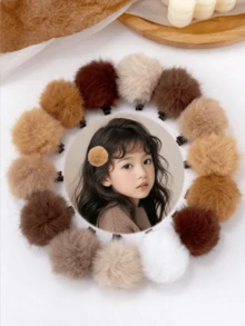 8 piezas Clips de pelo con bolas esponjosas de colores otoñales/invernales aleatorios, lindos clips para flequillo lateral esponjoso, accesorios de pelo de peluche simples para niñas - Multicolor - Ver 2