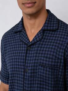 Snug League 2pcs/Set Men's Plaid Allover Print Short Sleeve Shirt And Shorts Pajama Set - Navy Blue - View 5