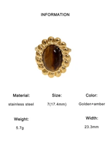 1pc Fashionable European & American Style Vintage High-End Personality Design Plated Stainless Steel Tiger Eye Natural Stone Geometric Open Ring, Suitable For Women's Daily, Party, And Date Wear - Multicolor - View 16