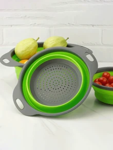 Round Collapsible Silicone Colander Set - Includes 1 Large And 1 Small, Perfect For Draining Pasta, Vegetables And Fruits (Green, Red, Blue), Kitchen Tool Household Items - Multicolor - View 11