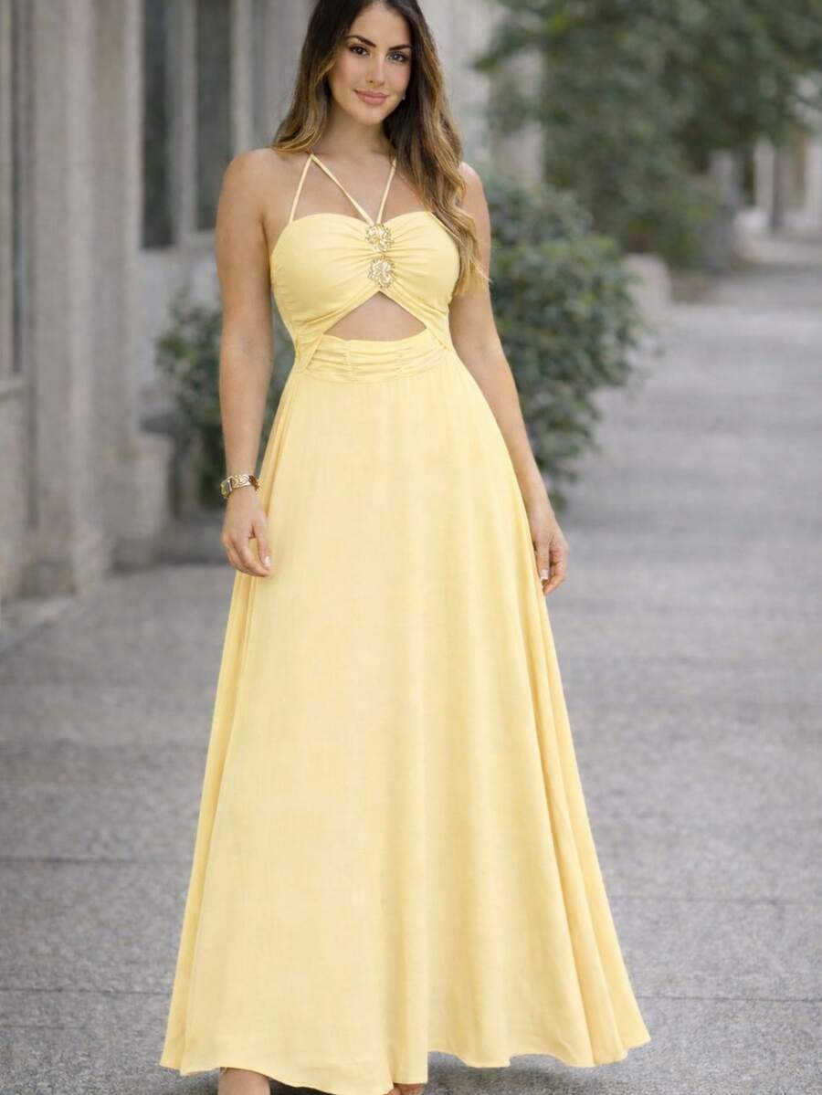 Women's Long Dress With Cutouts And Flower Buckle - 黃色 - 查看 1