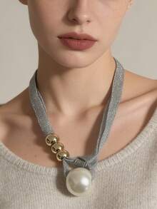 1pc Luxury INS Minimalist Design Faux Pearl Pendant Necklace, Elegant Women's Necklace With Gray Mesh