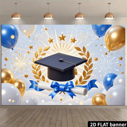 1件装2D平面毕业门帘装饰，2026毕业庆祝旗帜，毕业帽和气球图案，耐用涤纶材质